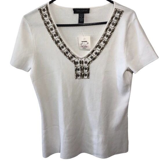 Cable & Gauge Women Blouse Medium Embellished Beaded Stretchy Soft Short Sleeve - Picture 1 of 5